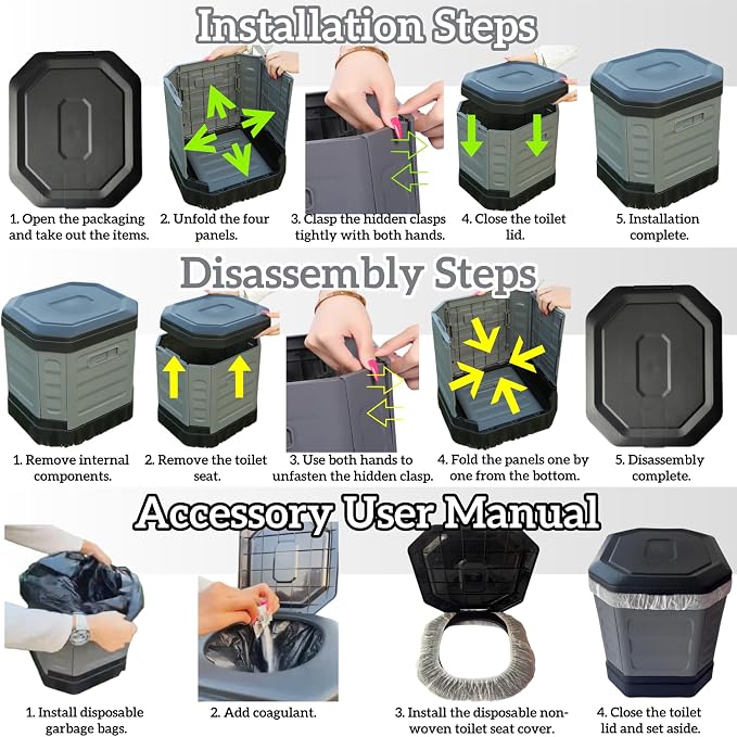 Upgrade Portable Toilet for Adults, Travel Floding Toilet with Lid for Adults & Kids, Camping Toilet Portable Potty for Hiking,Car,Beach and Camping (Gray, Medium)