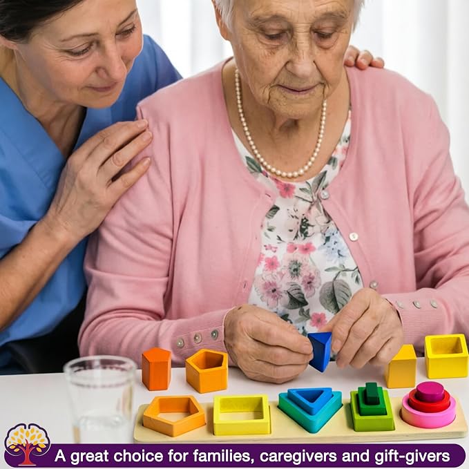 Dementia Toys for Seniors, Wooden Activities for Alzheimer Patients | Easy Color & Number Cognitive Dementia Product for Elderly, 15 Pieces Parkinson Game Puzzle Shape Pattern Matching Board Gift