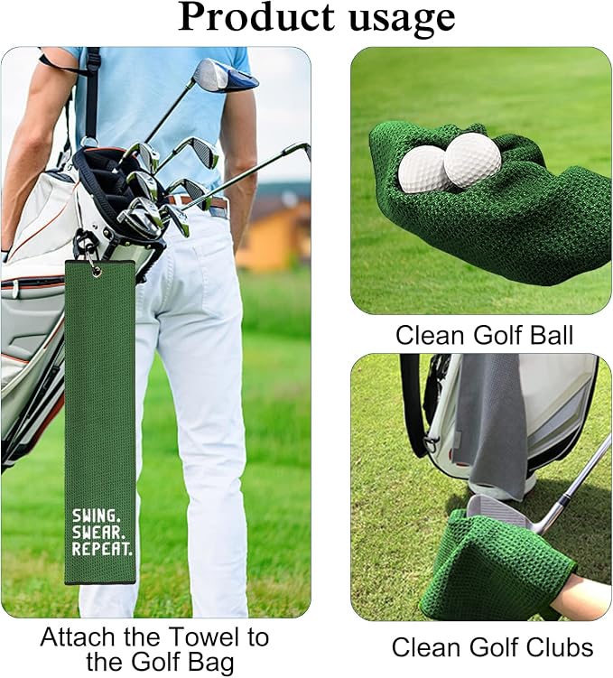 DYJYBMY Swing Swear Repeat Funny Golf Towel, Embroidered Green Golf Towels for Golf Bags with Clip, Golf Gift for Men Husband Boyfriend Dad, Birthday Gifts for Golf Fan, Funny Golf Lover Gift