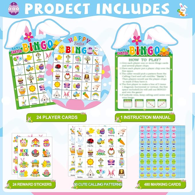 Lonfliness 39Pcs Easter Bingo Game for Adults Kids 24 Players Easter Bunny Egg Shape Bingo Game Cards with Reward Stickers for Family Friends Large Group Activities Happy Easter Spring Party Favors