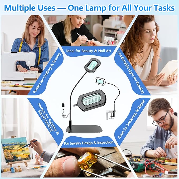 15X Large Magnifying Glass with Light and Clamp,5 Color Modes Stepless Dimmable,Lighted Magnifier with Stand Hands Free,Flexible Gooseneck Reading Magnifier for Seniors,Work, Craft,Reading