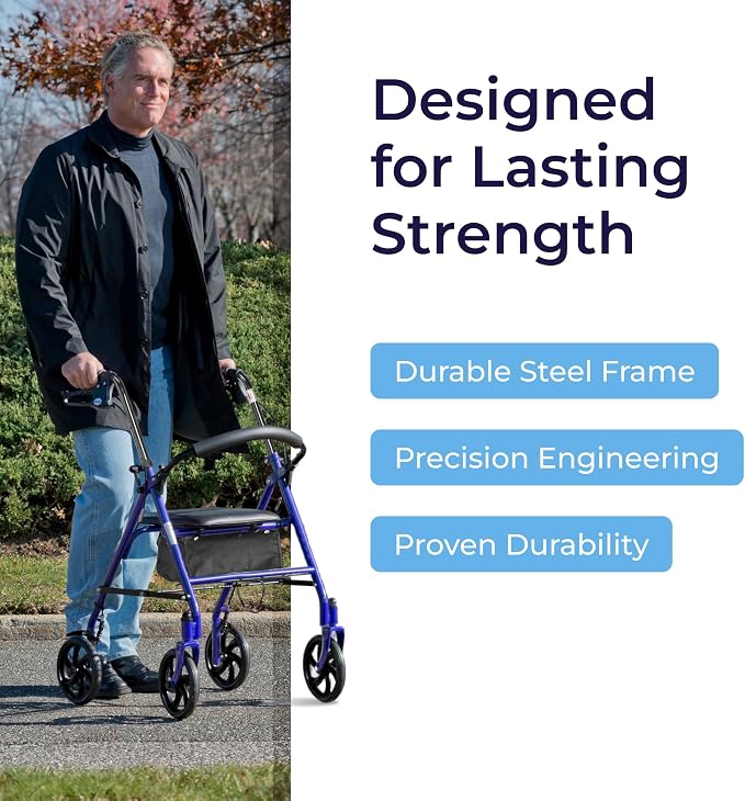 Drive Medical Rollator Walker with Seat, 7.5 Inch Wheels, Blue | Rollator Walker Offers Stable, Height Adjustable Mobility Support with Durable Steel Frame and Wheels