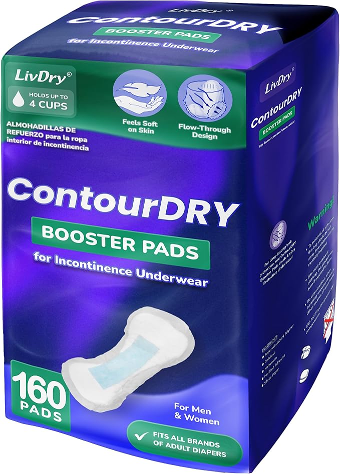 ContourDry Booster Pads XL by LivDry, Adds Max Absorbency to Adult Diapers with Flow-Through Design, Up to 4 Cups Capacity, More Coverage for Women and Men, 160 Count