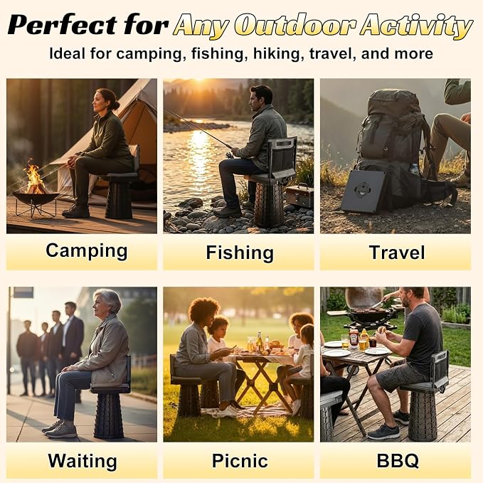 Upgraded Collapsible Stool with Backrest & Extra Thick Cushion,1000lbs Max Weight,Heavy Duty Portable Folding Outdoor Chair with Dual Storage Pockets,Telescoping Seat for Camping,Fishing & Travel,Yard