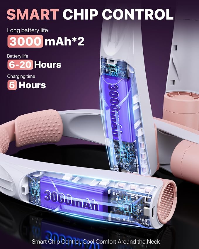 AaoLin Portable Neck Fan USB-C Rechargeable, with 6000mAh Battery, Hands-Free Personal Fan 6 Speeds, 6-20Hrs Cooling, Adjustable 11oz Lightweight, Neck Cooler for Outdoor Sports/Gym/Office