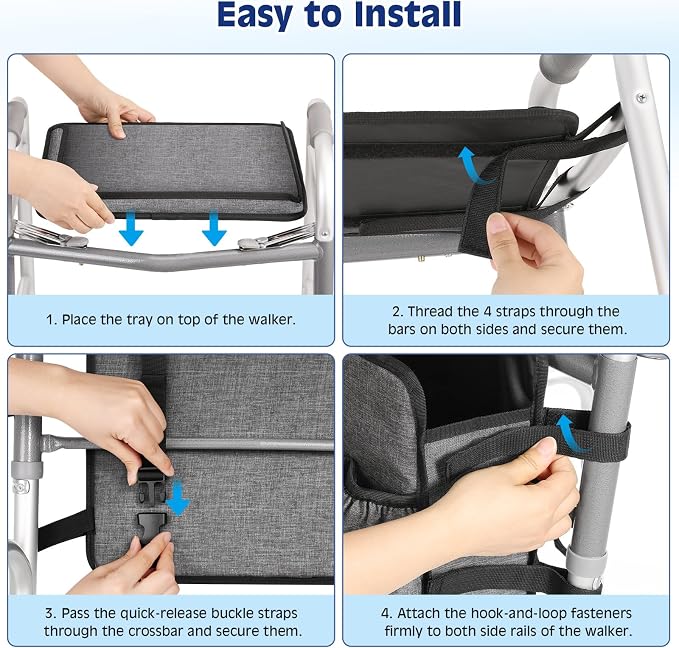 MoKo Walker Basket Bag with Tray, Upgraded Detachable Walker Tray for Folding Walkers with Non-Slip Mat, Large Storage Bag with Multi-Pockets and Cup Holder, Walkers Accessories for Senior, Gray