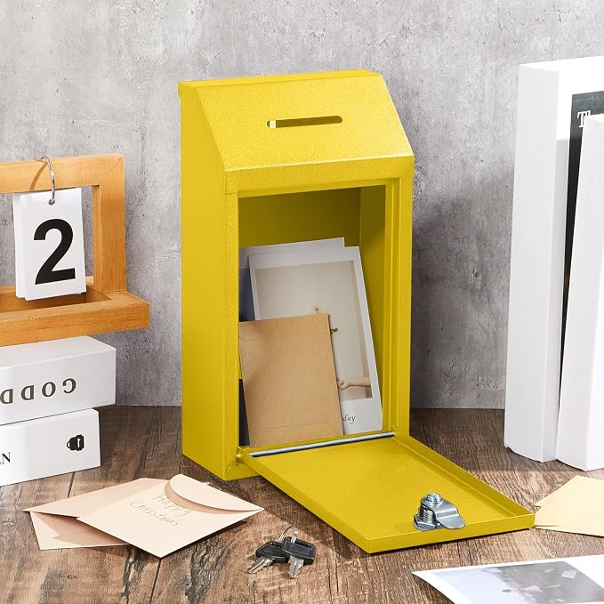 Yaocom Metal Money Box,Yellow,10.24 x 5.71 x 2.95 Inch,No Lid | Wall Mounted Drop Donation Cash Box for Farm Stand Collection Safe Suggestion Box with Lock Container for Home Office Outdoor
