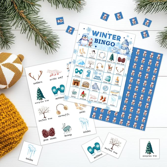 Christmas Bingo Game - Winter Bingo Card - 24 Players Bingo Game Set Indoor Outdoor Activities - Christmas, New Year Party Favors Supplies -A11