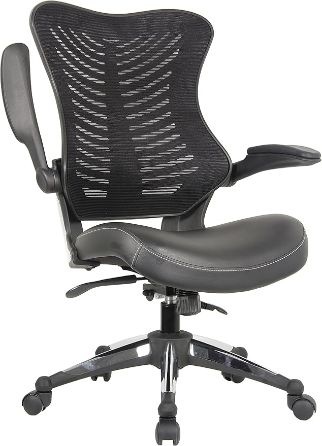 OfficeFactor Executive Ergonomic Computer Office Chair Back Mesh Bonded Leather Seat Flip-up Arms Lumbar Support Molded Foam Seat Adjustable Height Home Office Desk Chair (Black)