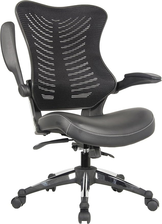 OfficeFactor Executive Ergonomic Computer Office Chair Back Mesh Bonded Leather Seat Flip-up Arms Lumbar Support Molded Foam Seat Adjustable Height Home Office Desk Chair (Black)
