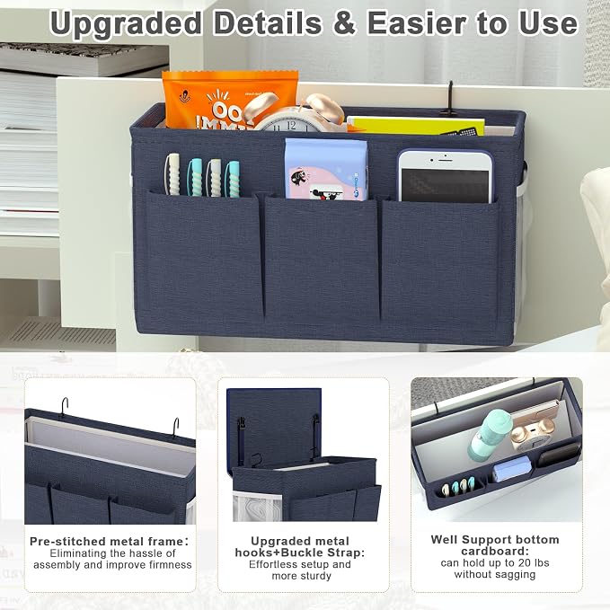 Bedside Caddy Storage Organizer for Bed Rails, Bed Caddy with 6 Pockets | Bedside Organizer with Fixed Straps and Hooks, Mattress Supported Versatile for Home, Dorm, Bunk, Hospital and Crib Bed