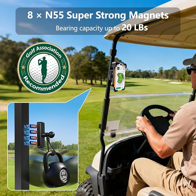 KingofKings Magnetic Golf Cart Phone Holder, for Dad Men | Golf Cart Accessories, Strong Magnet, Auto-locking Clamp, 360° Rotatable, Universal fit iPhone Samsung, Golfers Gadget