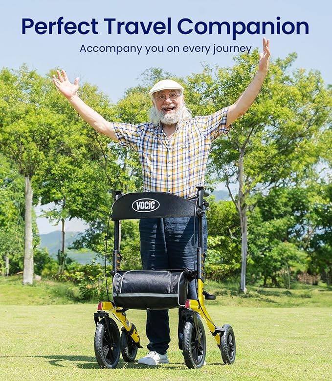 VOCIC Walker with Seat for Seniors, Z57 Outdoor Rollator Walker with 12" All Terrain Big Wheels, 7-Level Adjustable Height Rolling Walker with Safety Brakes, Storage Bag, Cup Holder