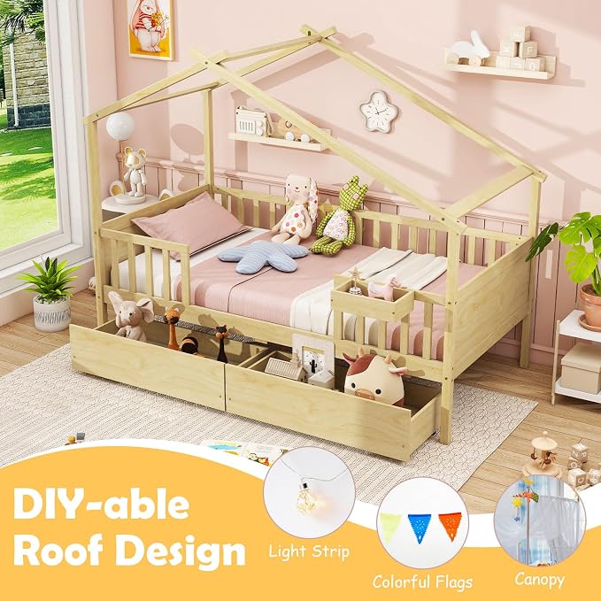 Giantex Twin House Bed with Drawers, Wooden Twin Bed Frame with Cube Storage & Fence Rails, Montessori Beds for Kids Boys, Girls, Bedroom, Living Room, No Box Spring Needed, Natural