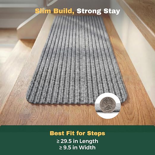 MBIGM Carpet Stair Treads for Wooden Steps, 15 Pack, 8" x 30", Light Gray | Four-layer polyester carpet with PP grid base, nonwoven cushion and TPR adhesive backing adds indoor traction and comfort
