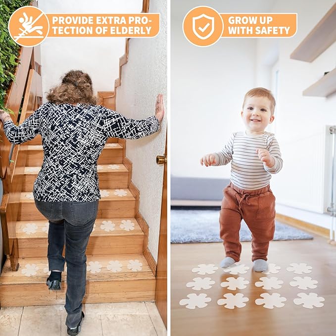 Non Slip Bathtub Stickers, 24 PCS Shower Stickers for Safety Bathroom Tubs, Bathtub Non Slip Stickers and Adhesive Decals Scraper for Bath Tub, Shower Floor, Stairs, Ladders(Flower Shape, Clear)