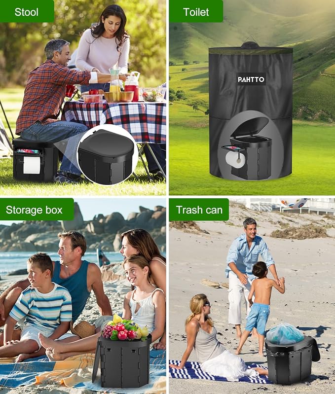 Portable Camping Toilet, Foldable Toilet for Adults with Detachable Phone Shelf and Toilet Paper Holder, Waterproof Porta Potty with Lid for Camping, Hiking, RV Travel, Road Trips