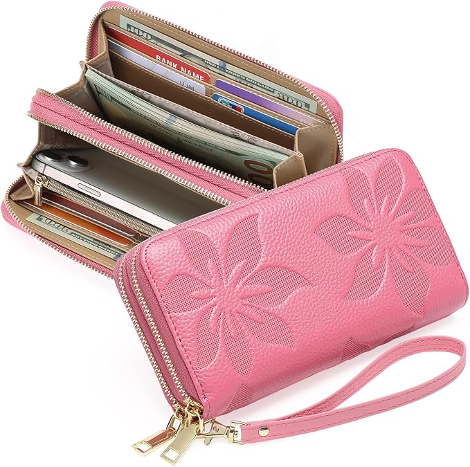 GOIACII Women's Wallet Large Capacity Double Zip Ladies Card Phone Holder RFID Blocking Wristlet Leather