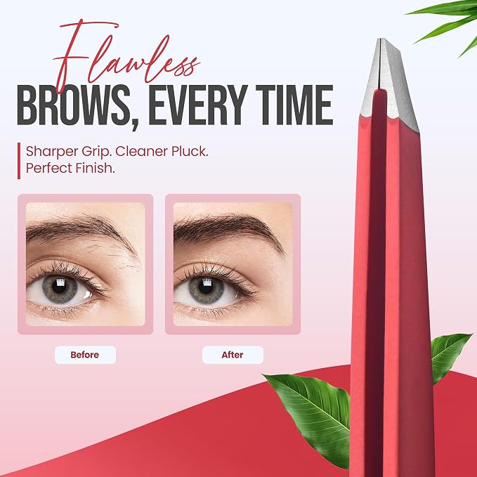 Professional Slant Tip Tweezers - Precision Stainless Steel Eyebrow Plucking Tool for Women and Men, Ingrown Hair Remover, Facial Hair Tweezers for Grooming (Neon Coral)