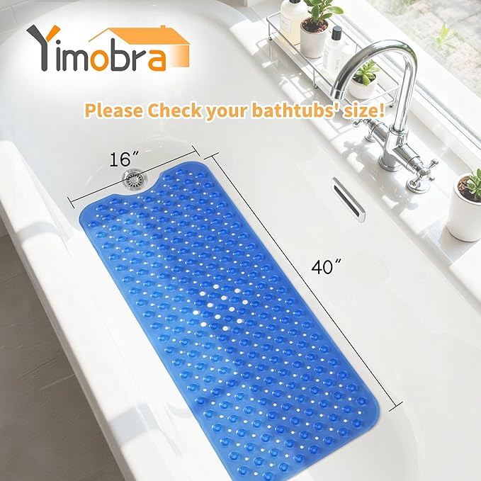 Yimobra Non Slip Bathtub Mat 40 x 16 Inch, Extra Long Shower Mat with Drain Holes, Machine Washable Baby Bath Mats, Strong Suction Cups for Bathroom Floor, Clear Navy Blue