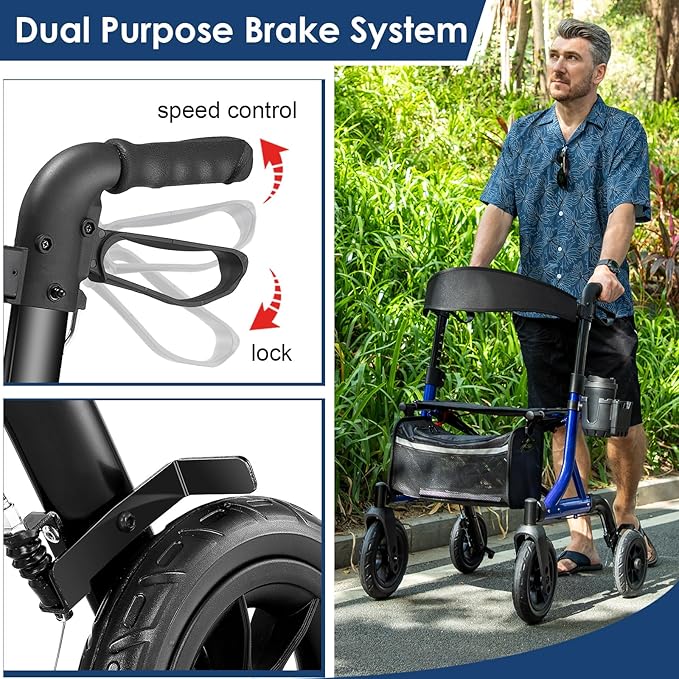 Walkers for Seniors, Rollator Walker with Seat, 10" Rubber Wheels All Terrain Rollator Walker with Backrest, Aluminum Walkers Built-in Cable, Foldable and Adjustable Height for Seniors, Blue