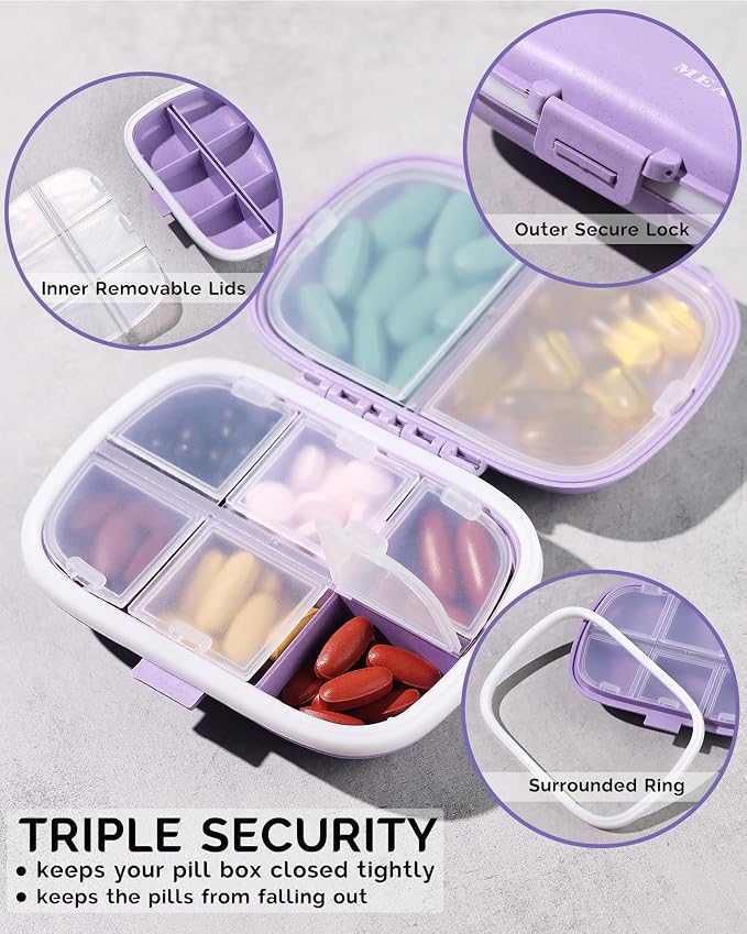 MEACOLIA 3 Pack Travel Pill Organizer - 8 Compartments Portable Pill Case for Purse, Moisture-Proof Daily Medicine Vitamin Container, Pill Box Holder for Travel Essentials (Purple, Green, Pink)
