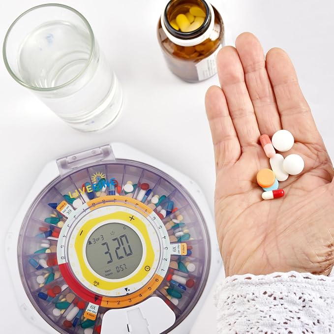 LiveFine Bluetooth Pill Dispenser, 9 Dosage Rings, 28-Day, Clear Lid | Free app control with sound and light alerts, secure key lock, quick-press latch - for seniors and arthritis sufferers.