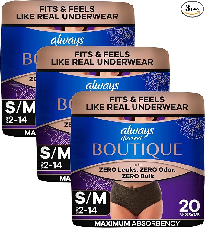 Always Discreet Boutique Incontinence and Postpartum Underwear for Women, Maximum Protection, Small/Medium, Black, 20 Count (Pack of 3)