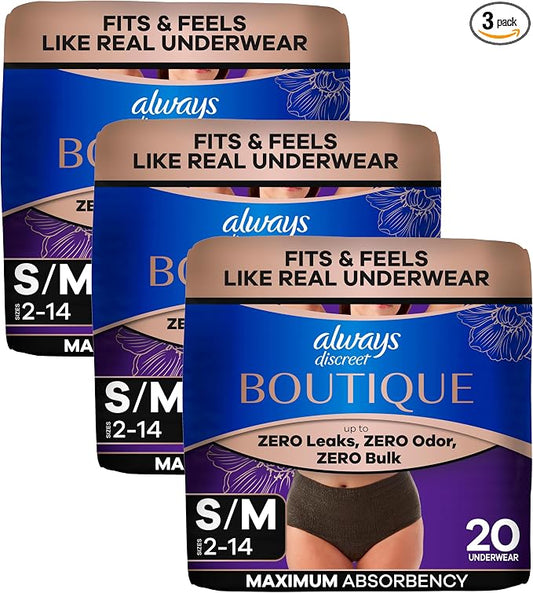 Always Discreet Boutique Incontinence and Postpartum Underwear for Women, Maximum Protection, Small/Medium, Black, 20 Count (Pack of 3)
