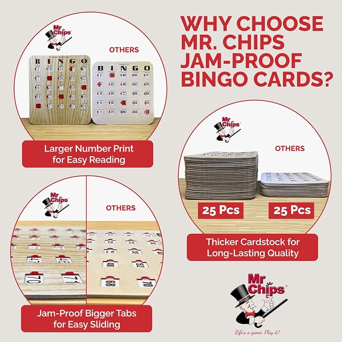MR CHIPS Jam-Proof Fingertip Slide Bingo Cards with Sliding Windows 10 Pack in Tan Style