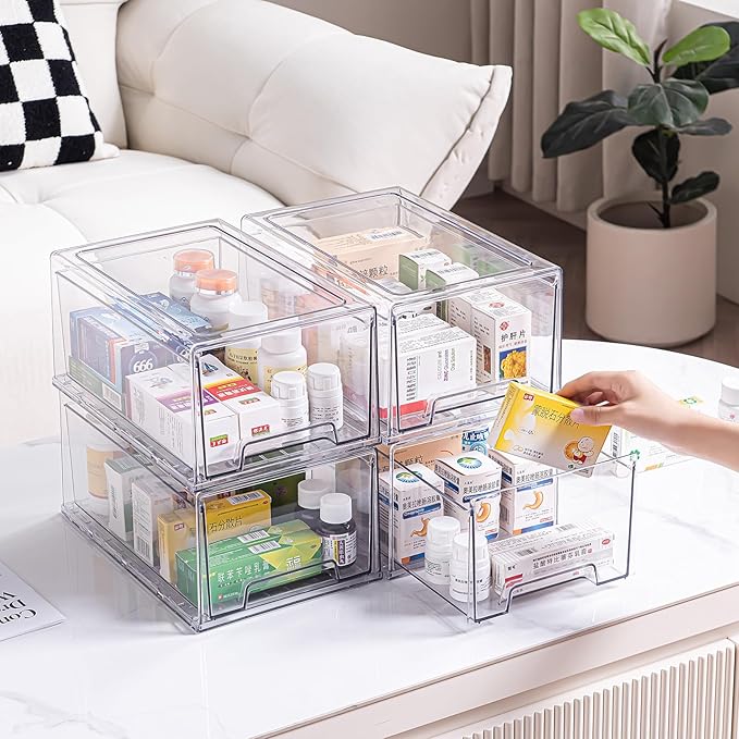 2 Pack Stackable Organizer Drawers, Clear Desk Storage Box,Transparent Drawer in Home, Office and Kitchen Pull Out Organizer Bins for Make Up, Pen, Desktop Stationary (2Extra Large)