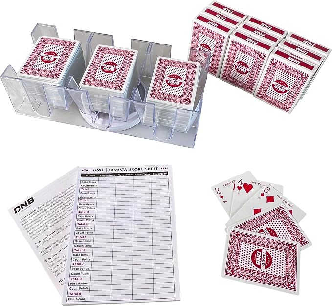 DNB Canasta Card Game Set - Includes 9 Decks of Red Scored Playing Cards a Revolving Card Tray 50-Page Score Pad and Game Instructions