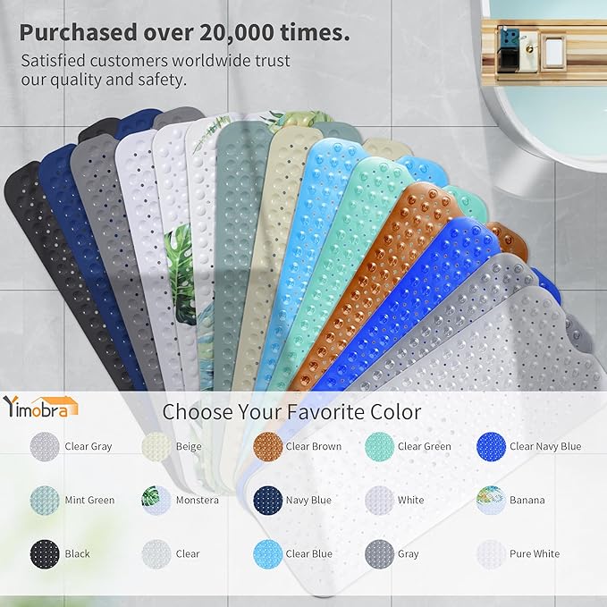 Yimobra Non Slip Bathtub Mat 40 x 16 Inch, Extra Long Shower Mat with Drain Holes, Machine Washable Baby Bath Mats, Strong Suction Cups for Bathroom Floor, Grey