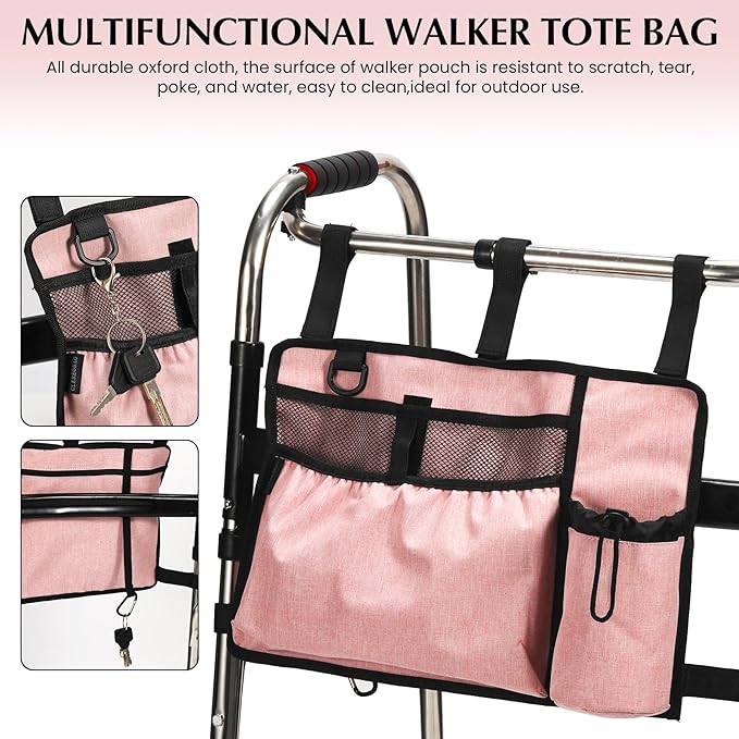 Walker Bags for Folding Walker Accessories Seniors Pouch Cup Holder Carry Organizer Storage Drive with Pockets Velcor Detachable -Pink