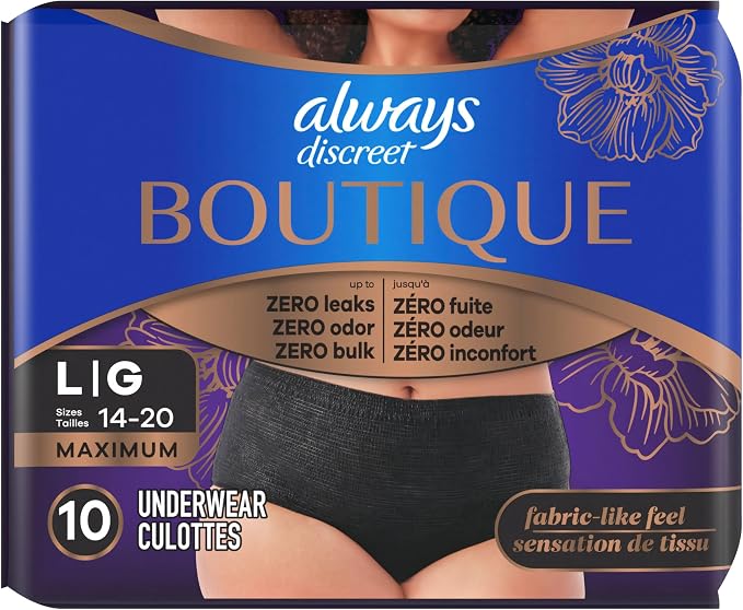 Always Discreet Boutique Incontinence and Postpartum Underwear for Women, Maximum Protection, Large, Black, 10 Count