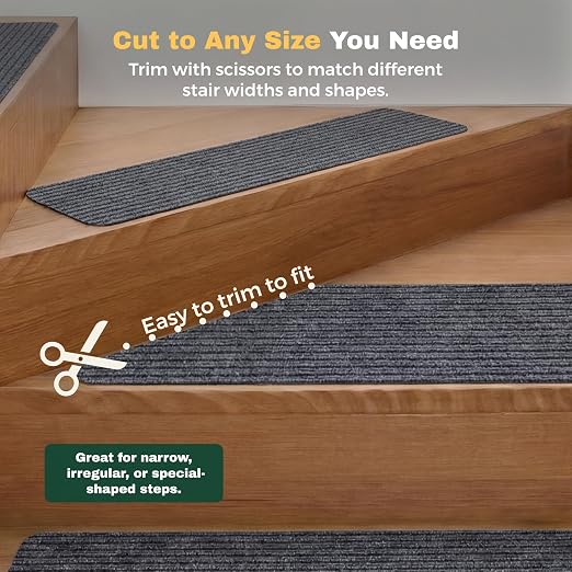 MBIGM Carpet Stair Treads for Wooden Steps, 15 Pack, 8" x 30", Grey Stripe | Four-layer polyester carpet with PP grid base, nonwoven cushion and TPR adhesive backing adds indoor traction and comfort