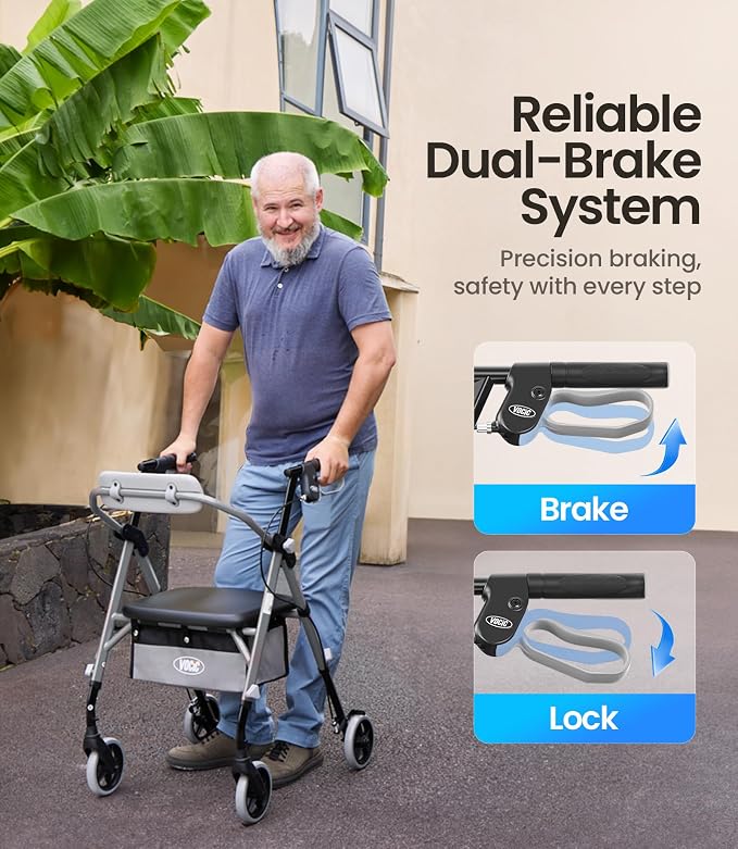 VOCIC Z12 Walker for Seniors with Seat, 13.4 LBS Ultra Light, 350 LBS | Ergo Seat & Backrest for Comfort, Height Adjustable & Easily Foldable for Seniors, All Terrain Wheels, Silver