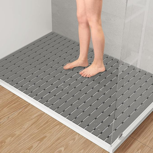 Yolife PVC Large Shower Mat, 35.4 × 24 Inch Non Suction Cup Non Slip Shower Floor Mat, Easy to Cut & Curlable Stand Up Shower Stall Mat, Heavy Duty Bath Shower Mats for Inside Shower