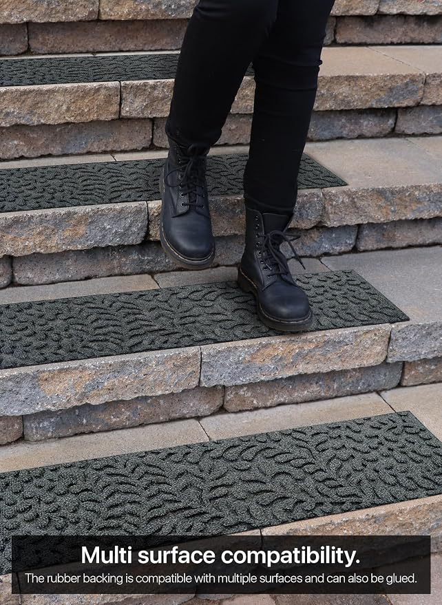 FINEHOUS Outdoor Stair Treads Non-Slip 35”x10” (6-Pack) – Carpet Treads with Rubber Backing Floral Grey
