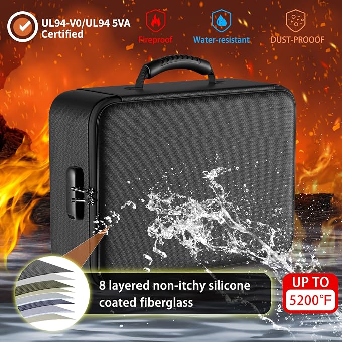ENGPOW 5200°F Fireproof Document Bag with Lock, Upgraded Heat Insulated Fireproof Box 8 Layers File Organizer, Portable Home Travel Safe Storage for Important Documents,Passports,Laptop, Black(Soft)