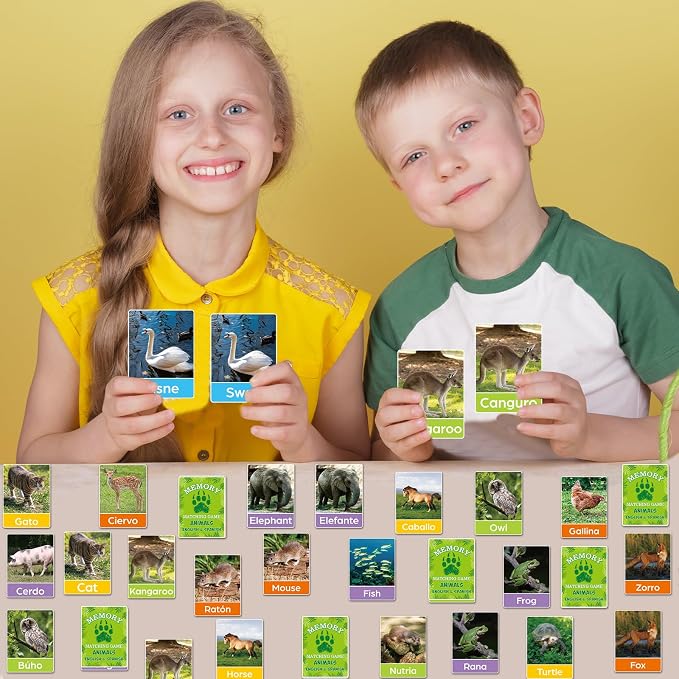 gisgfim 100 PCS Memory Matching Games Spanish English Bilingual Animal Memory Matching Games Educational Game for Kids and Adults A Fun & Fast Animal Game Toddlers Preschool Family Board Gift