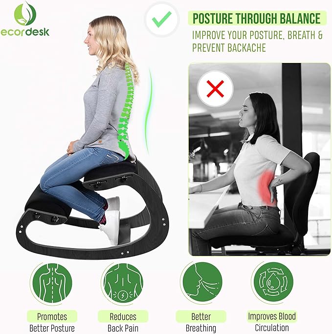 Ergonomic Kneeling Chair, Adjustable Seat - Office Chair for Desk, Posture Corrector, Premium Comfort Cushion, Wooden Rocking Knee Chair (Black Frame)