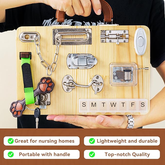 Dementia Activities for Seniors-Wooden Fidget Busy Board-Alzheimers Products for Elderly, Memory Games for Autism Adult Dementia Gadgets,Sensory ADHD Toys, Memory Care Activities for Elderly