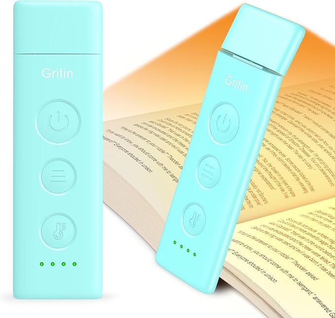 Gritin Book Light Rechargeable, Clip on LED Reading Light for Books in Bed | Eye Caring 3-Color & 5-Brightness, Stepless Dimming, Long Lasting, Compact Size Flexible Book Lamp for Bookworms-Blue