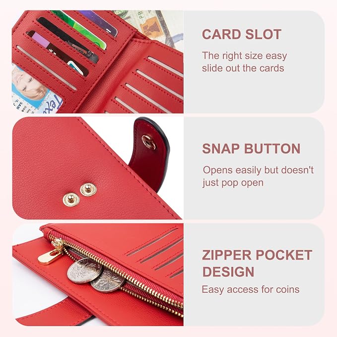 yiijay Womens Wallet RFID Blocking Leather Trifold Clutch Wallet Credit Card Holder Ladies Travel Wallet Purse with Passport/Pen Holder