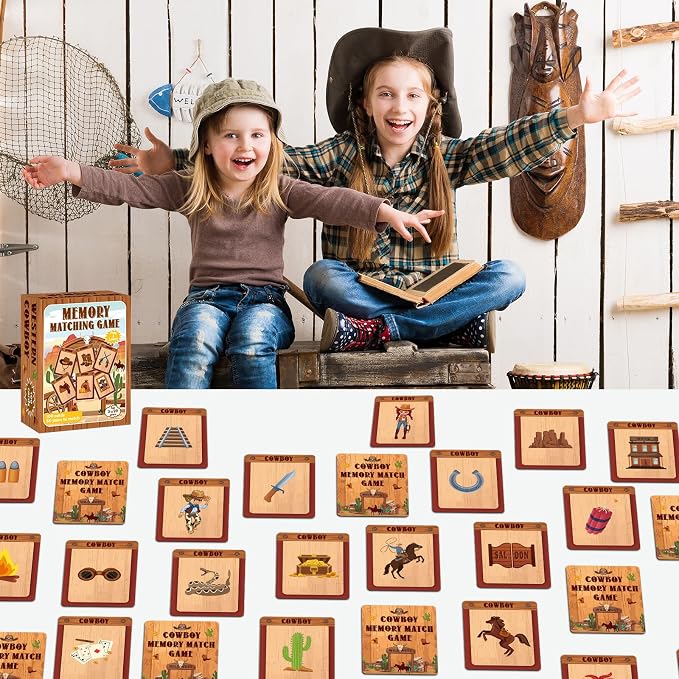 gisgfim 100 PCS Memory Matching Game Cowboy Concentration Memory Card Games for Kids Educational A Fun & Fast Western Party Favor Wild West Theme Matching Games