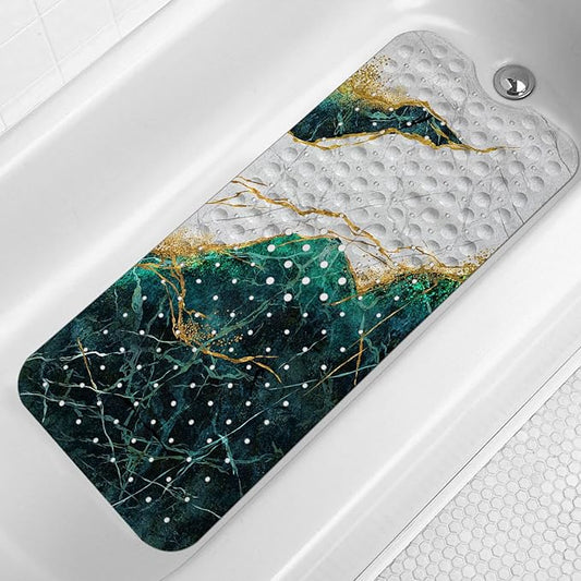 LNOND Marble Bath Tub Mat Non Slip, Extra Long 40 X 16 Inch Anti Slip Mat for Bathtub, Green and Gold Marble Shower Mat with Drain Holes and Suction Cups, Machine Washable