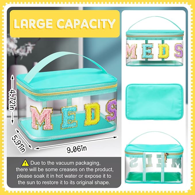 Geetery Chenille Letter Bag, Meds Cheer Travel Cases Cheerleader Gifts Cosmetic Bag Nylon Makeup Portable Preppy Patch with Zipper Toiletry Storage Case for Women(Green,Meds)