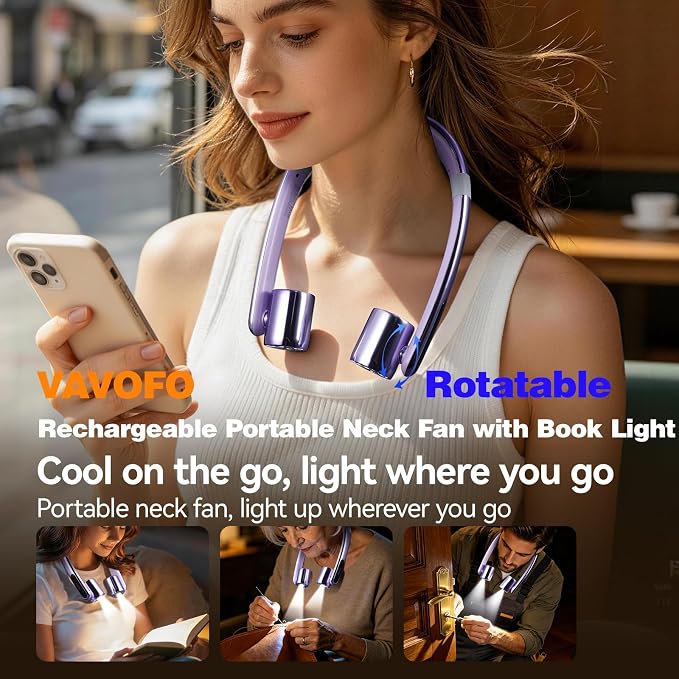 VAVOFO Portable Neck Fan with Book Light, Hands Free Wearable Cooling Fan | 6000mAh Rechargeable, 3 Speeds, 250° Adjustable, Ideal Gift for Reading, Travel, Office, Hiking, Fishing & Sports