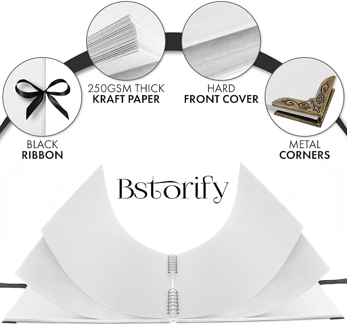 Bstorify Square Scrapbook Photo Albums 80 Pages (28 x 28 cm) White Thick Paper, Hardcover, Metal Corners, Ribbon Closure - Ideal for Your Scrapbooking Albums, Art & Craft Projects 11 X 11 Inch